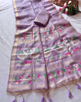 Lavender Premium Soft Muga Cotton Swan Pattern Saree