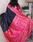 Black Soft Warli Art Zari Woven Silk Saree with Contrast Border