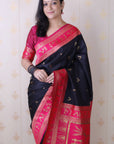 Black Soft Warli Art Zari Woven Silk Saree with Contrast Border