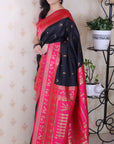 Black Soft Warli Art Zari Woven Silk Saree with Contrast Border
