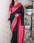 Black Soft Warli Art Zari Woven Silk Saree with Contrast Border