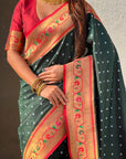 Bottle Green Bandhani Weaves Silk Saree with Paithani Border & Pallu