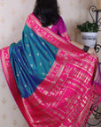 Peacock Blue Soft Warli Art Zari Woven Silk Saree with Contrast Border