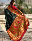 Bottle Green Bandhani Weaves Silk Saree with Paithani Border & Pallu