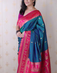 Peacock Blue Soft Warli Art Zari Woven Silk Saree with Contrast Border
