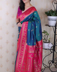 Peacock Blue Soft Warli Art Zari Woven Silk Saree with Contrast Border