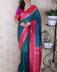 Peacock Blue Soft Warli Art Zari Woven Silk Saree with Contrast Border