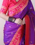 Purple Soft Warli Art Zari Woven Silk Saree with Contrast Border