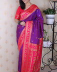 Purple Soft Warli Art Zari Woven Silk Saree with Contrast Border