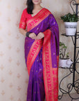 Purple Soft Warli Art Zari Woven Silk Saree with Contrast Border