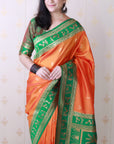Orange Soft Warli Art Zari Woven Silk Saree with Contrast Border