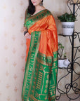 Orange Soft Warli Art Zari Woven Silk Saree with Contrast Border