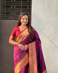 Wine Bandhani Weaves Silk Saree with Paithani Border & Pallu