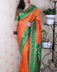 Orange Soft Warli Art Zari Woven Silk Saree with Contrast Border