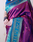 Magenta Soft Warli Art Zari Woven Silk Saree with Contrast Border