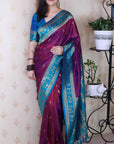 Magenta Soft Warli Art Zari Woven Silk Saree with Contrast Border