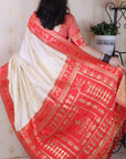 Cream Soft Warli Art Zari Woven Silk Saree with Contrast Border