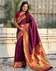 Wine Bandhani Weaves Silk Saree with Paithani Border & Pallu
