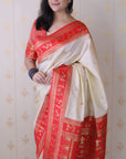 Cream Soft Warli Art Zari Woven Silk Saree with Contrast Border