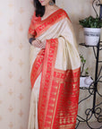 Cream Soft Warli Art Zari Woven Silk Saree with Contrast Border
