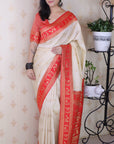 Cream Soft Warli Art Zari Woven Silk Saree with Contrast Border