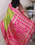 Mehendi Green Soft Warli Art Zari Woven Silk Saree with Contrast Border