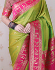 Mehendi Green Soft Warli Art Zari Woven Silk Saree with Contrast Border