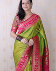 Mehendi Green Soft Warli Art Zari Woven Silk Saree with Contrast Border