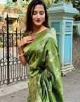 Mehendi Green Soft Banarasi Jaal Zari Woven Silk Saree