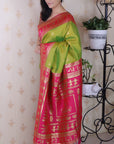 Mehendi Green Soft Warli Art Zari Woven Silk Saree with Contrast Border