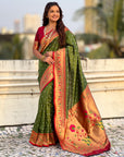 Mehendi Green Bandhani Weaves Silk Saree with Paithani Border & Pallu