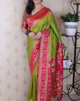 Mehendi Green Soft Warli Art Zari Woven Silk Saree with Contrast Border