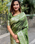 Mehendi Green Soft Banarasi Jaal Zari Woven Silk Saree