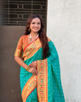 Aqua Blue Bandhani Weaves Silk Saree with Paithani Border & Pallu