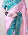 Baby Pink Soft Warli Art Zari Woven Silk Saree with Contrast Border