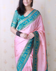 Baby Pink Soft Warli Art Zari Woven Silk Saree with Contrast Border