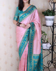 Baby Pink Soft Warli Art Zari Woven Silk Saree with Contrast Border