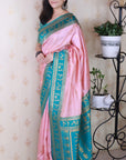 Baby Pink Soft Warli Art Zari Woven Silk Saree with Contrast Border