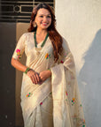 Chickoo Organza Silk Jamdani Pattern Zari Woven Saree