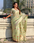 Pista Green Organza Silk Jamdani Pattern Zari Woven Saree