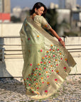 Pista Green Organza Silk Jamdani Pattern Zari Woven Saree