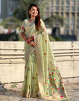 Pista Green Organza Silk Jamdani Pattern Zari Woven Saree