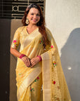 Yellow Organza Silk Jamdani Pattern Zari Woven Saree