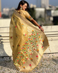 Yellow Organza Silk Jamdani Pattern Zari Woven Saree
