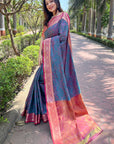 Blue Zari Woven Contrast Kashmiri Silk Saree with Keri Pattern