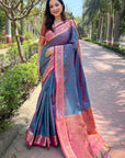 Blue Zari Woven Contrast Kashmiri Silk Saree with Keri Pattern