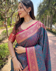 Blue Zari Woven Contrast Kashmiri Silk Saree with Keri Pattern