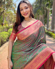 Green Zari Woven Contrast Kashmiri Silk Saree with Keri Pattern