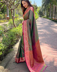 Green Zari Woven Contrast Kashmiri Silk Saree with Keri Pattern