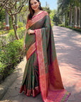 Green Zari Woven Contrast Kashmiri Silk Saree with Keri Pattern